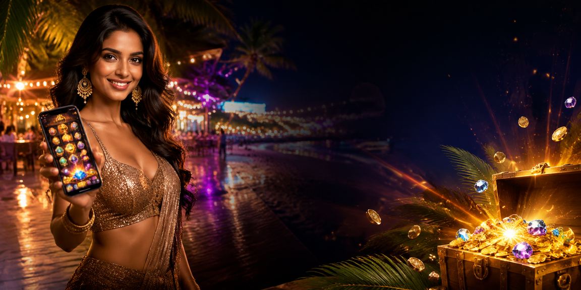 Goa beach casino app vibrant evening with neon lights