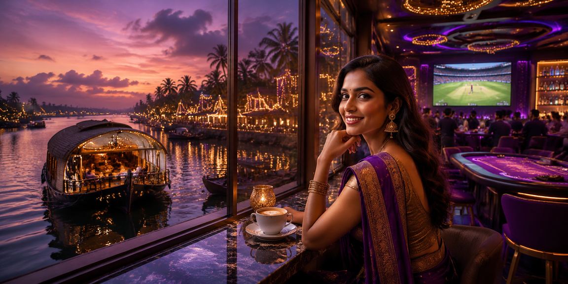 Night view of Kerala backwaters with neon lights cricket betting theme